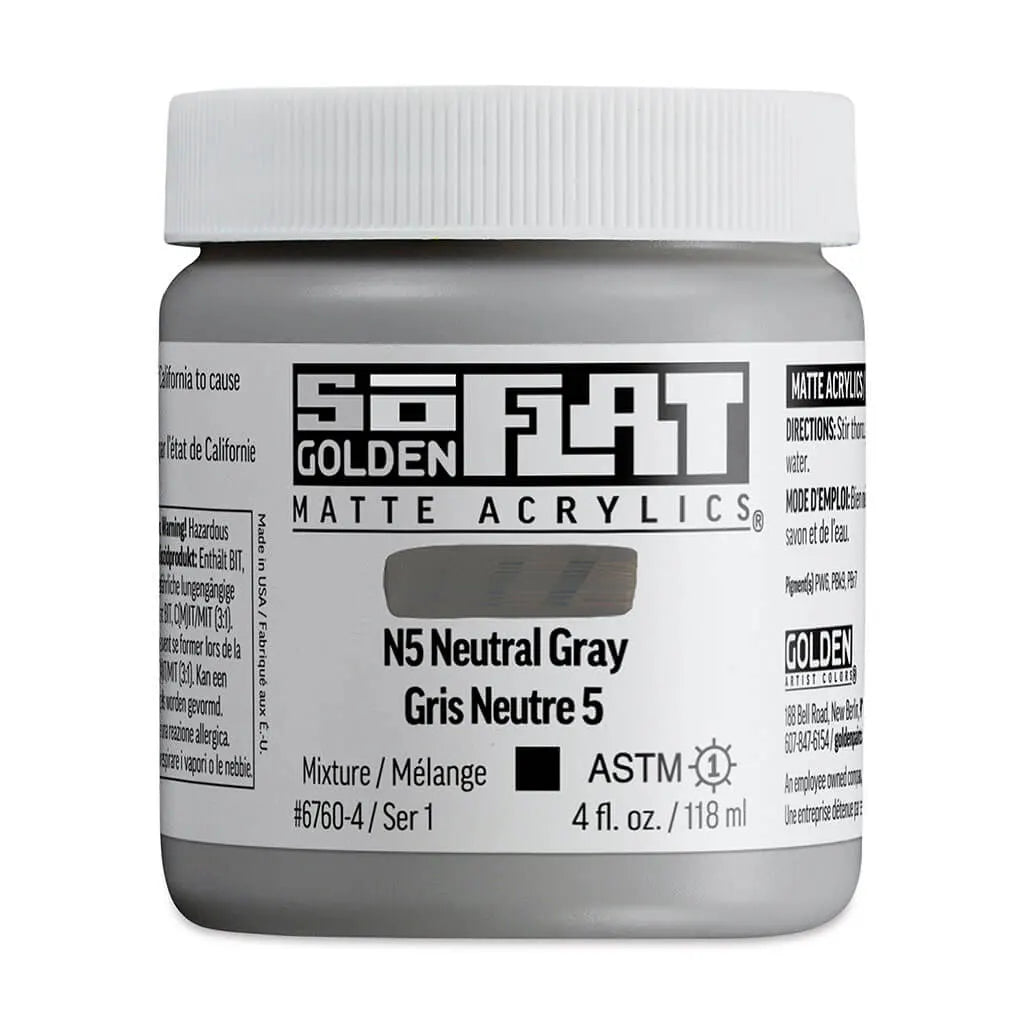 Golden SoFlat Matte Acrylic Paint 4oz N5 Neutral Gray S1