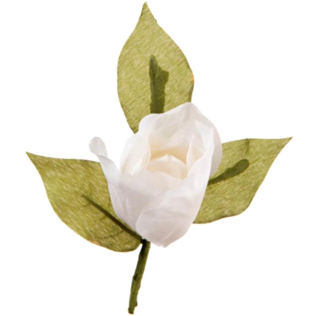 David Tutera™ Artificial Wedding Boutonniere: White Rose w/Green Leaves