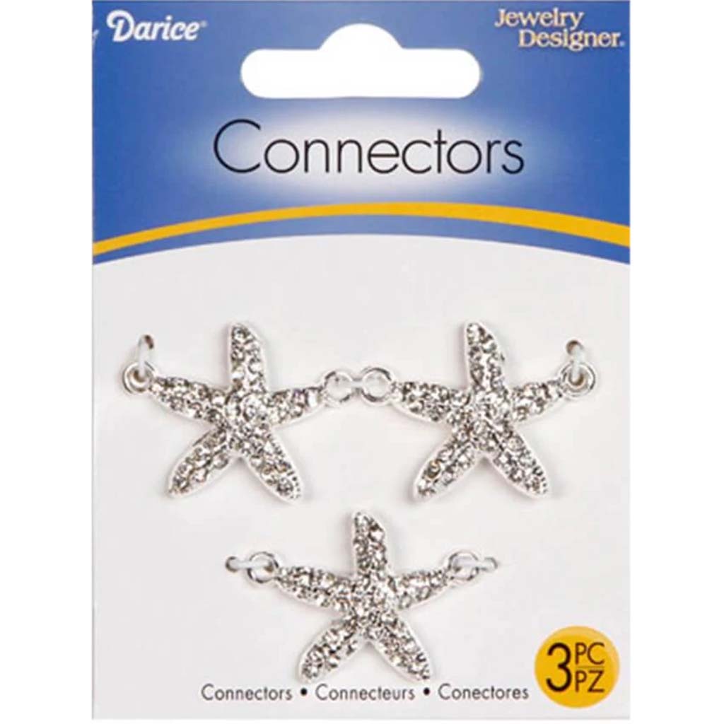 Jewelry Connectors Silver Rhinestone Starfish 25 x 25mm 3 pieces