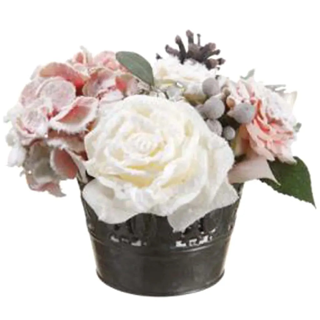 Snow Hydrangea / Rose / Pine Cone in a Tin Pot 7in, White