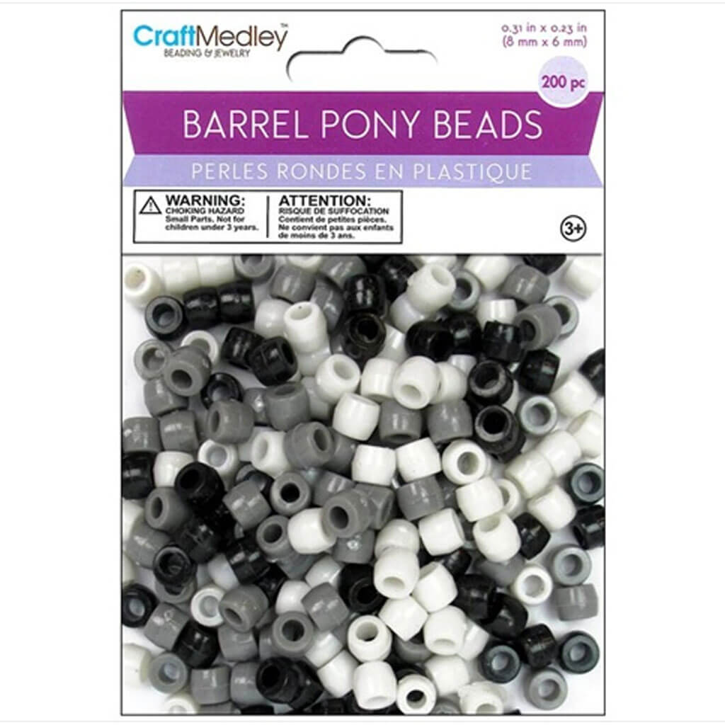 Pony Beads 8mm x 6mm Barrel Color-Mix Value-Pak X200 B&amp;W
