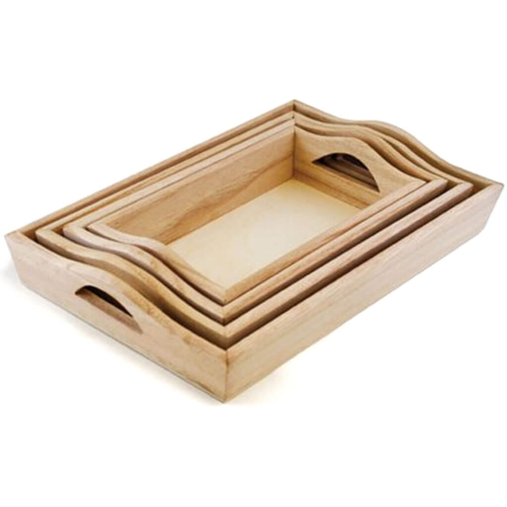 Wood Craft: 4.25in x 7.5in-6.75in x 10.25in Paintable Trays 4/Set