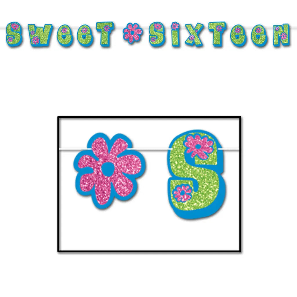 Glittered Sweet Sixteen Streamer, 8.5in x 10ft