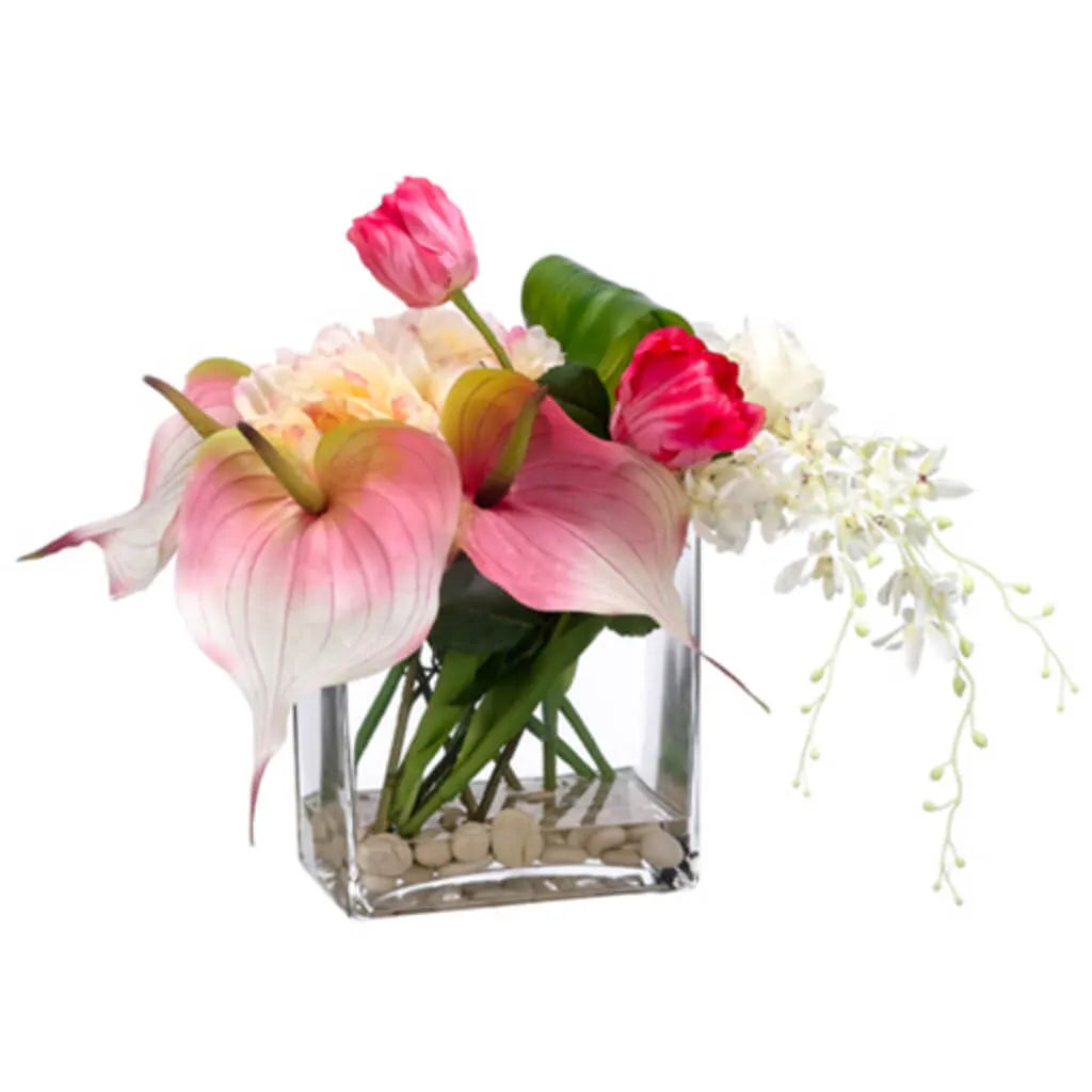Dendrobium / Peony in Glass Vase 15in H x 12in W x 17in L, Pink