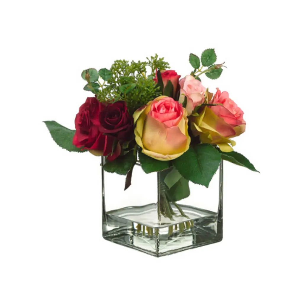 Rose / Skimmia Bouquet in Glass Vase 8in H x 7in W x 7in L