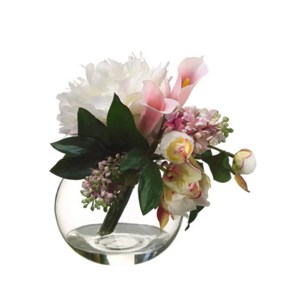 Peony / Lilac Bouquet in Glass Vase 10in H x 8in W x 9in L