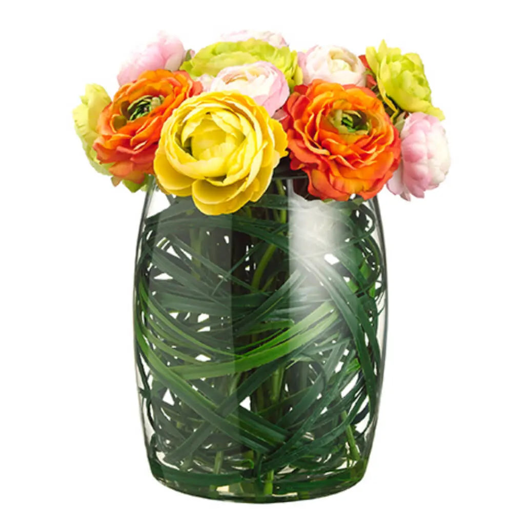 Ranunculus / Grass in Glass Vase 13in H x 10in W x 10in L