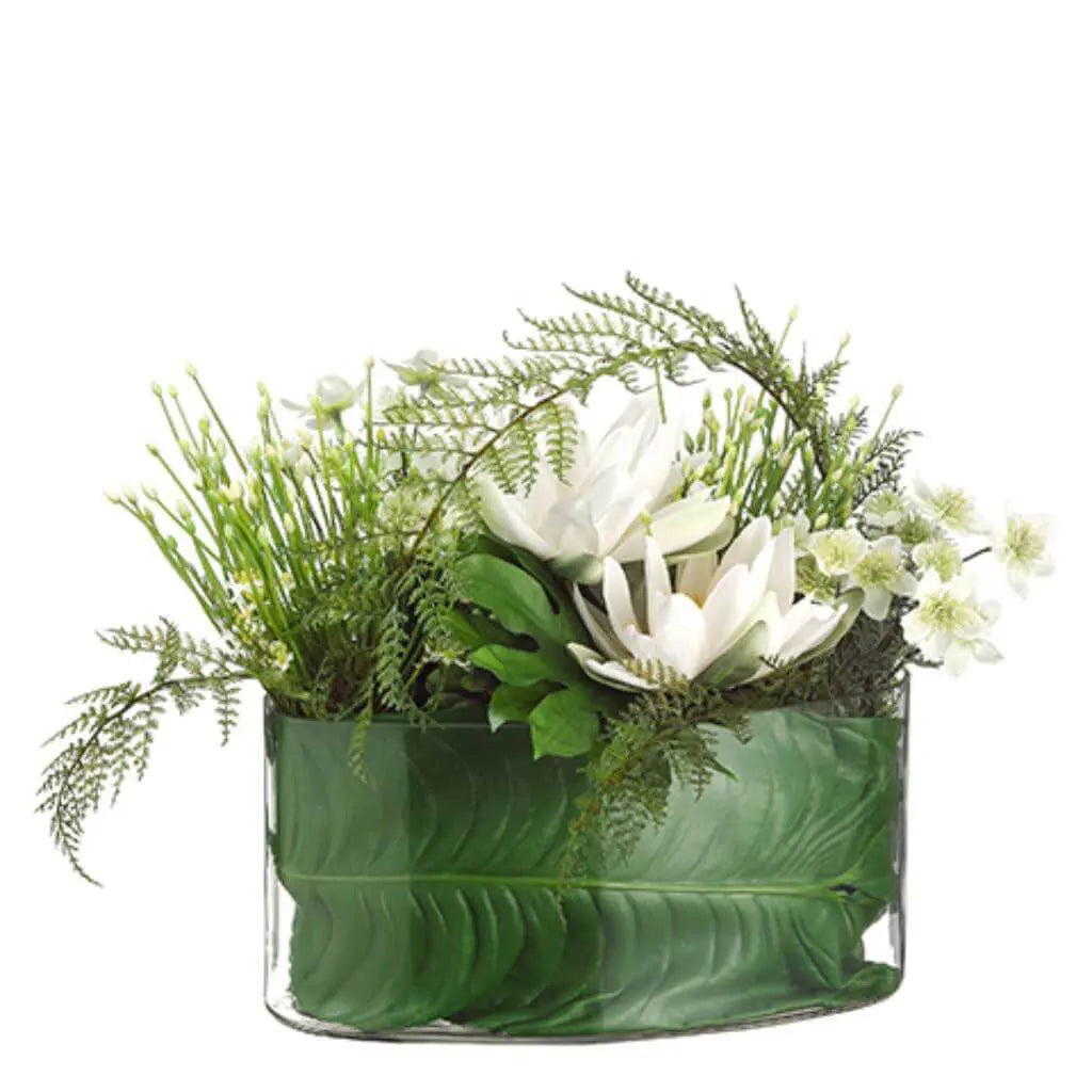 Water Lily / Allium in Glass Vase 18in H x 20in W x 21in L