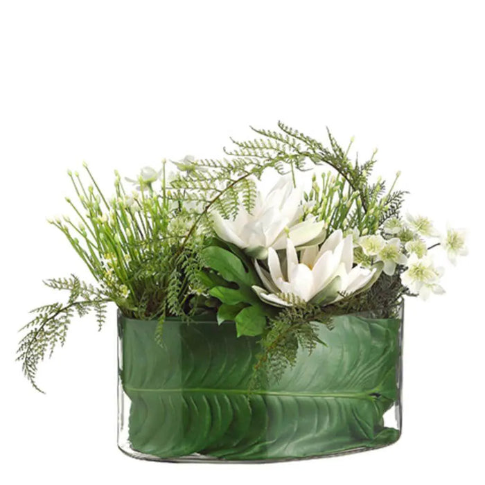 Water Lily / Allium in Glass Vase 18in H x 20in W x 21in L
