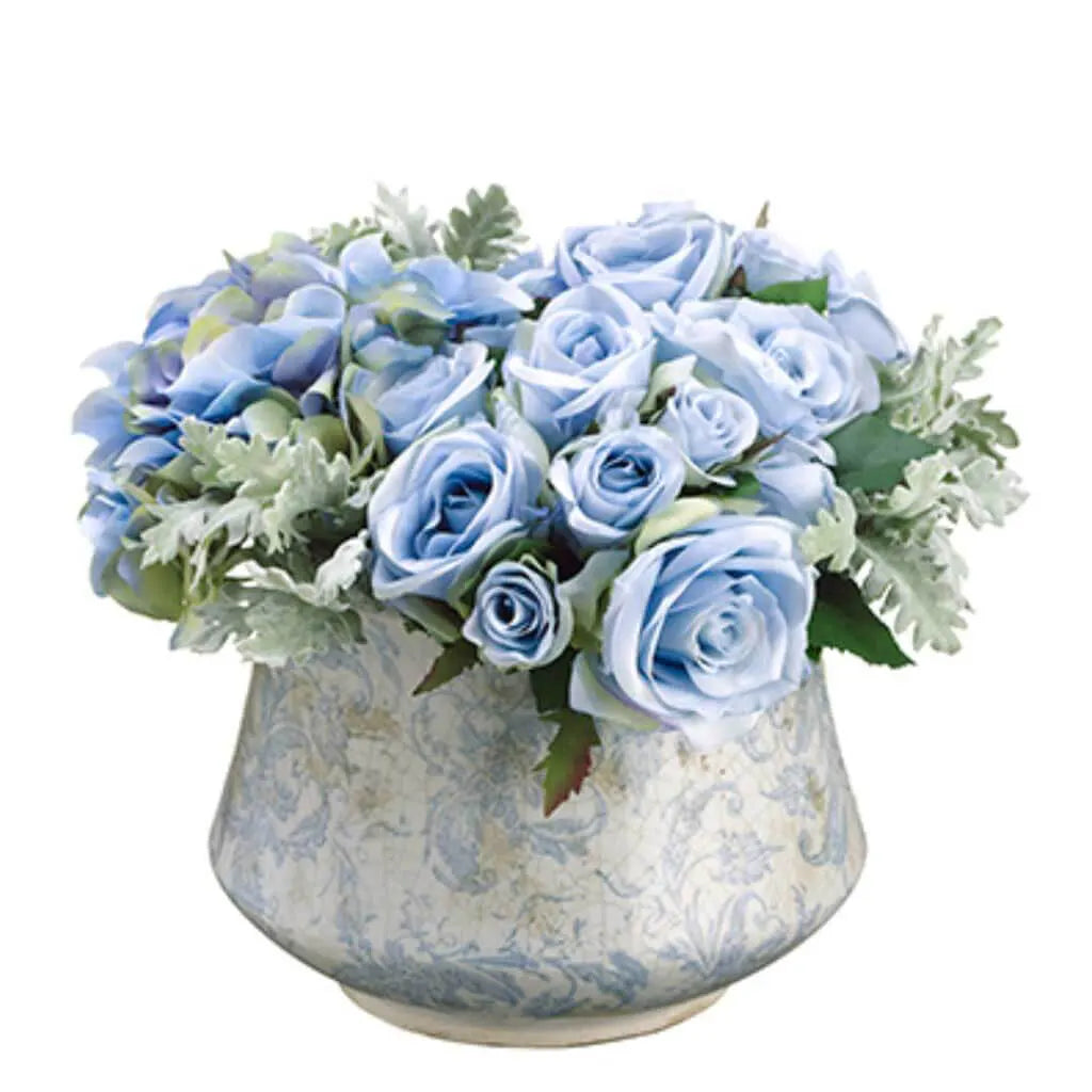 Rose / Dusty Miller / Hydrangea 10in H x 10in W x 10in L, Blue