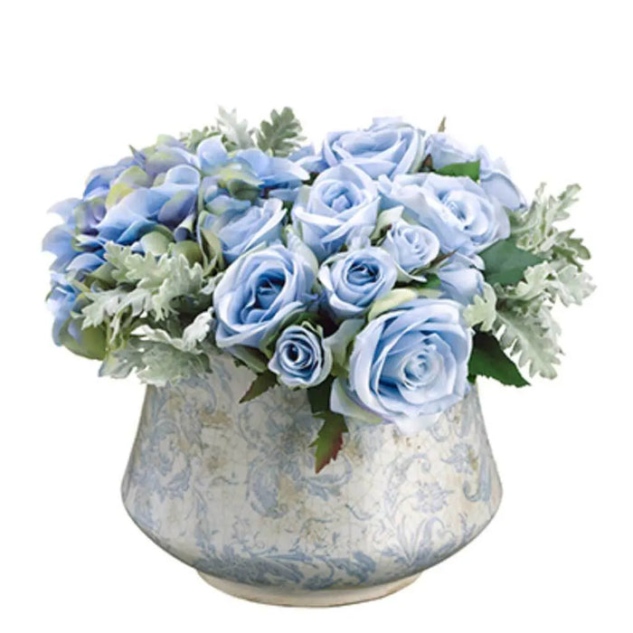 Rose / Dusty Miller / Hydrangea 10in H x 10in W x 10in L, Blue