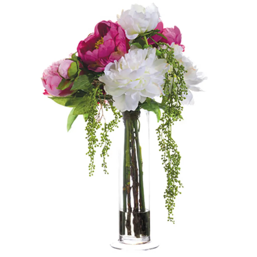 Peony / Berry in Glass Vase 21in H x 12in W x 13in L