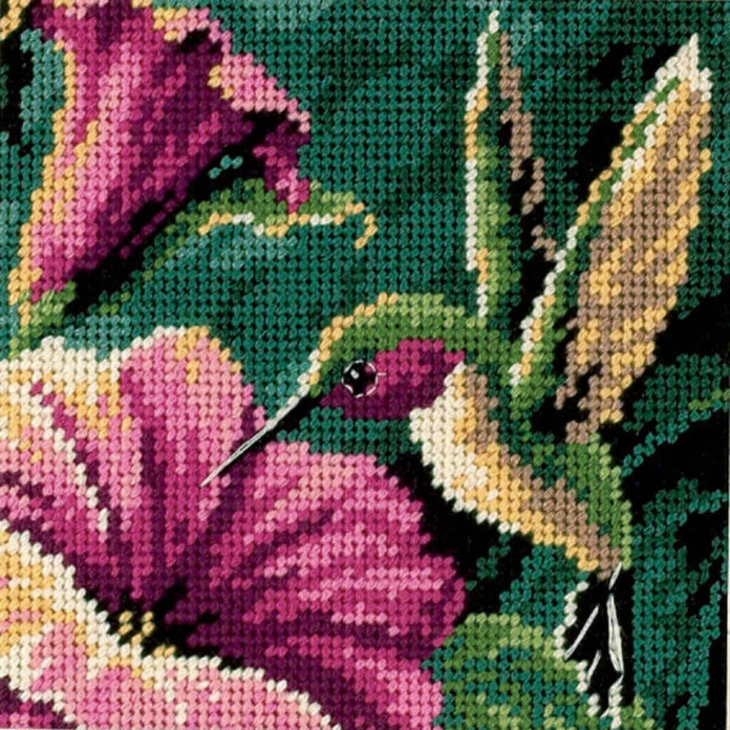 Dimensions Mini Needlepoint Kit 5in x 5in, Humming Bird Drama