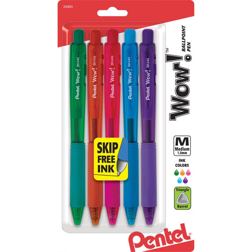 Pentel WOW Colors Retractable Ball Point Pens Medium 5pk