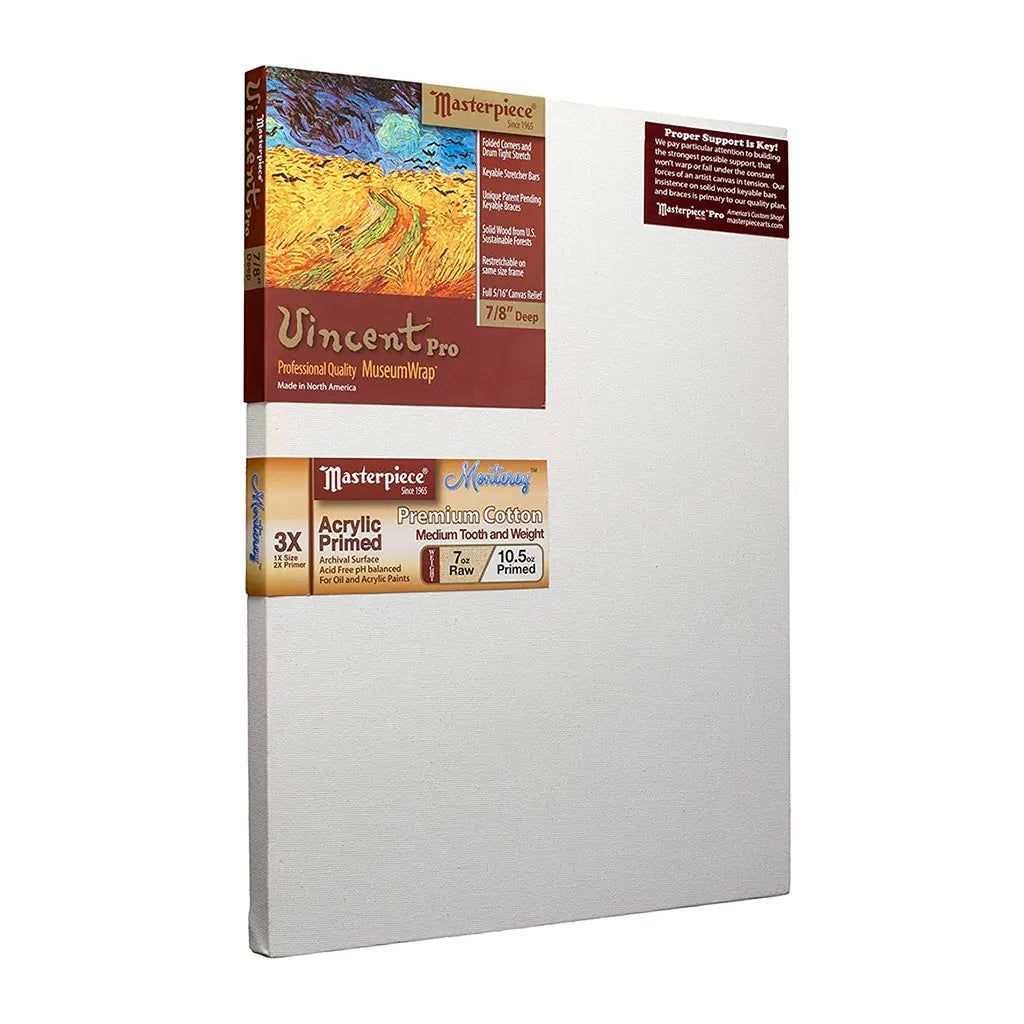 Masterpiece Vincent Pro 7/8in Deep, Monterey 3X Acrylic Primed Cotton 7oz, Stretched Canvas  12in x 16in