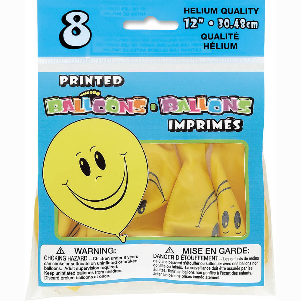 Happy Face Yellow Latex Balloons 12in, 8ct