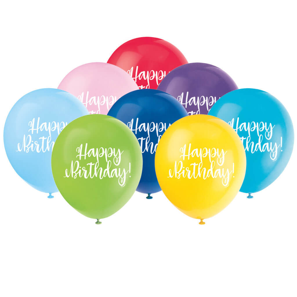 Script Happy Birthday Latex Balloons Assorted 12in, 8ct