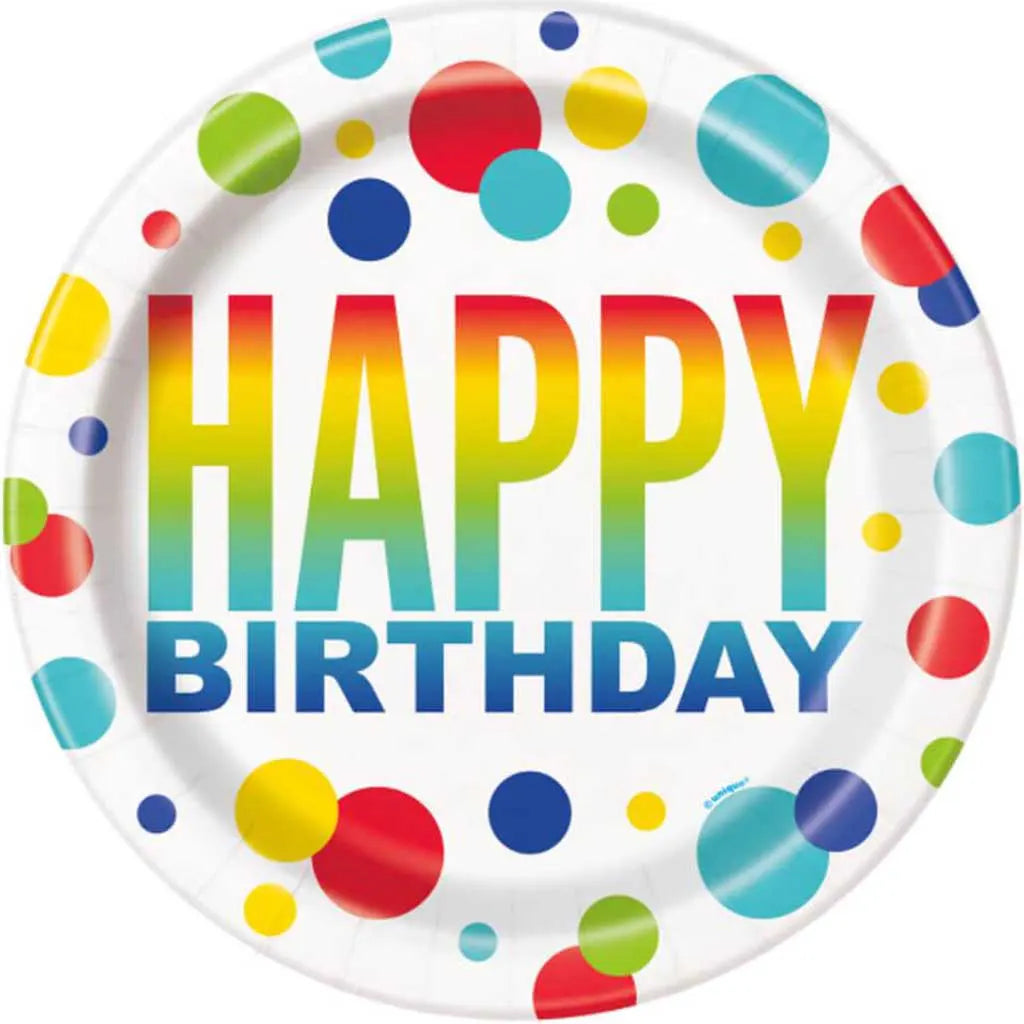Rainbow Spots Birthday Round Dessert Plates 7in 8ct