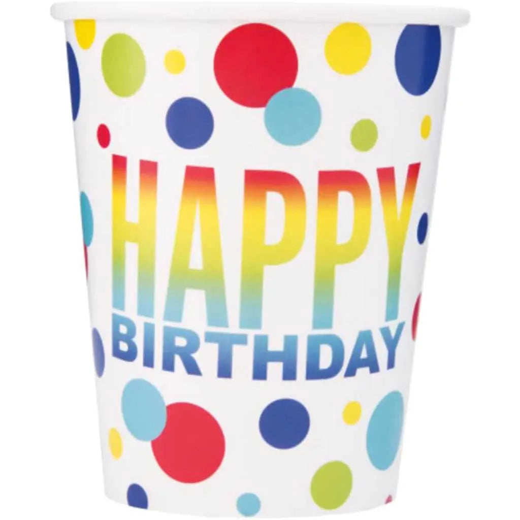 Rainbow Spots Birthday Paper Cups 9oz 8ct
