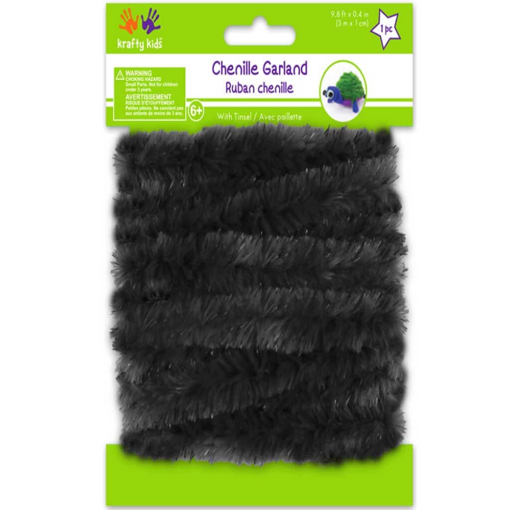 Chenille Garland: 1cm x 3m with Tinsel, Black