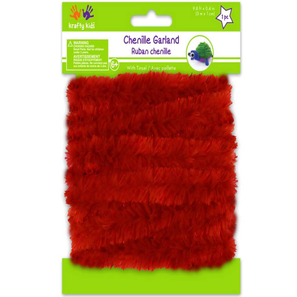 Chenille Garland: 1cm x 3m with Tinsel, Red