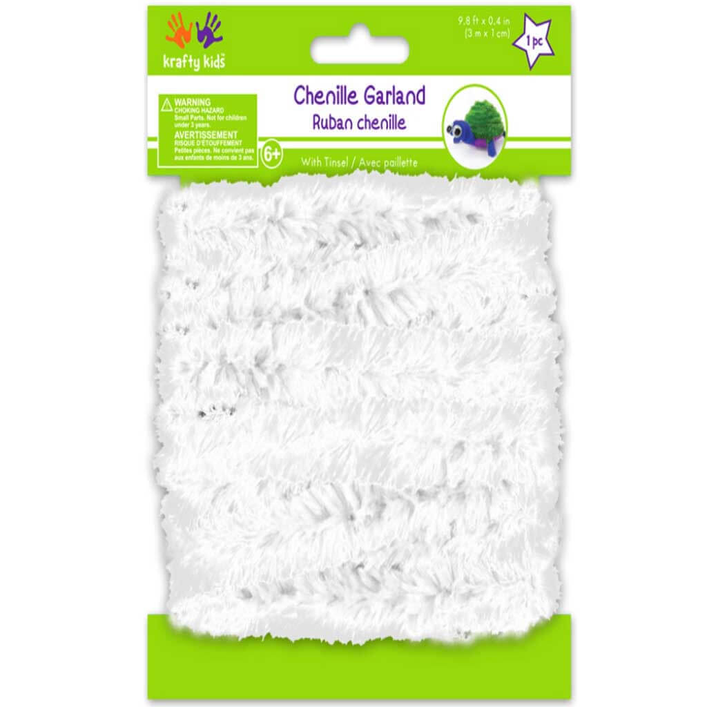 Chenille Garland: 1cm x 3m with Tinsel, White