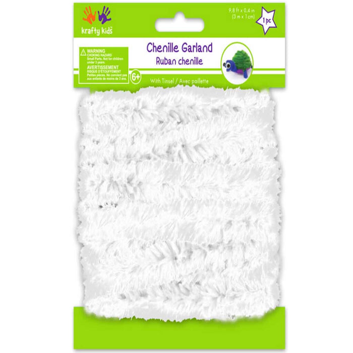 Chenille Garland: 1cm x 3m with Tinsel, White