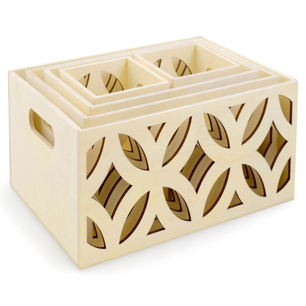 Wood Craft: Box Caddy Set Laser-Cut 5/Set with Handle A Interlaced Circles