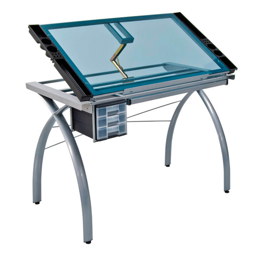 Futura Craft And Drawing Station With Adjustable Top And Storage In Silver/Blue Glass