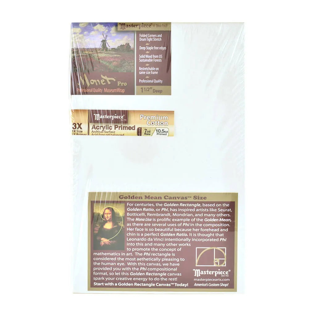 Masterpiece Monet Pro 1.5in Deep, Montery 3X Acrylic Primed Cotton 7oz, Golden Ratio, Stretched Canvas 10in x 16in