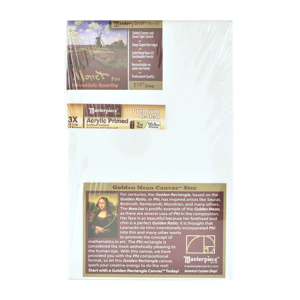 Masterpiece Monet Pro 1.5in Deep, Montery 3X Acrylic Primed Cotton 7oz, Golden Ratio, Stretched Canvas 8in x 13in