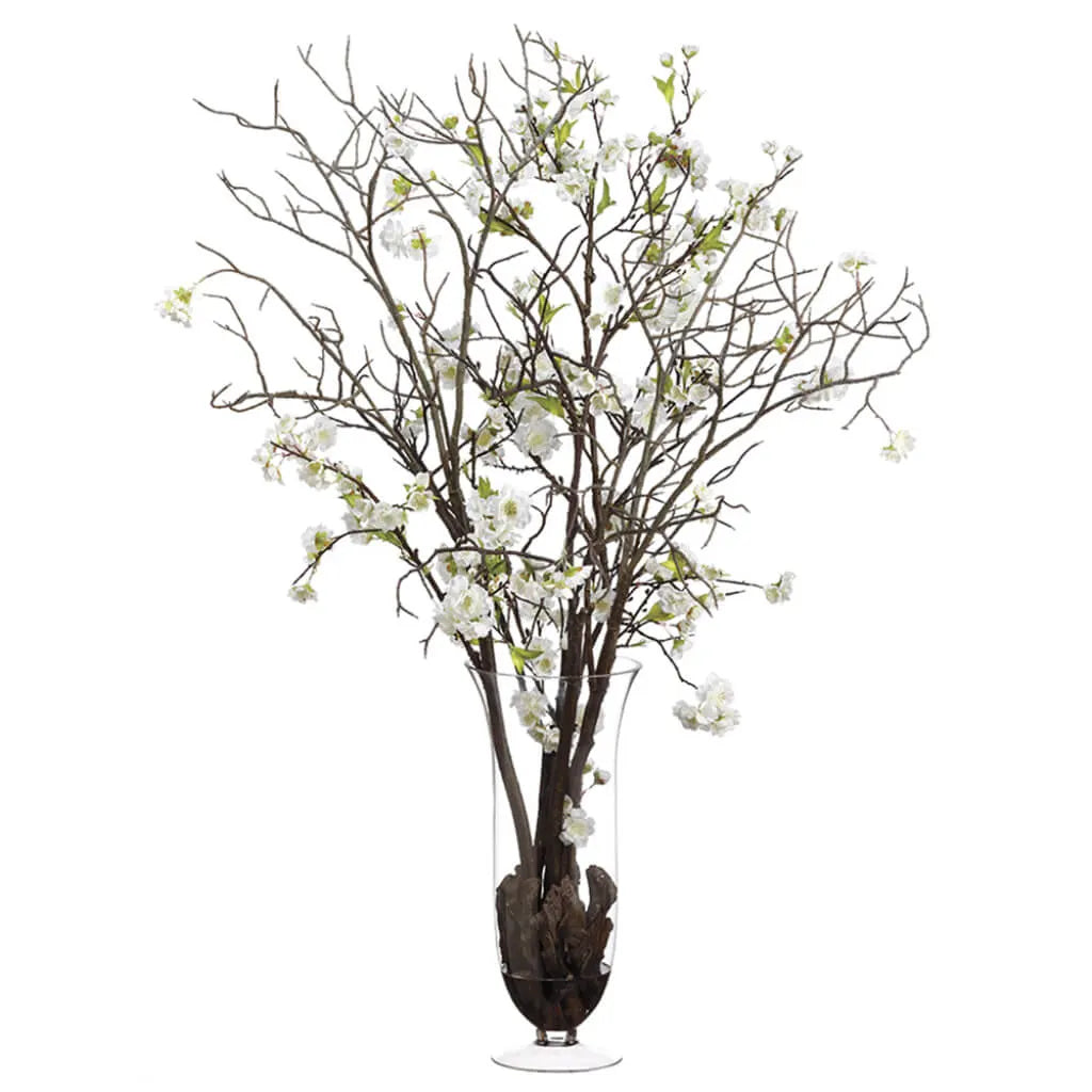 Cherry Blossoms in Glass Vase, 42in H x 30in W x 34in L, White