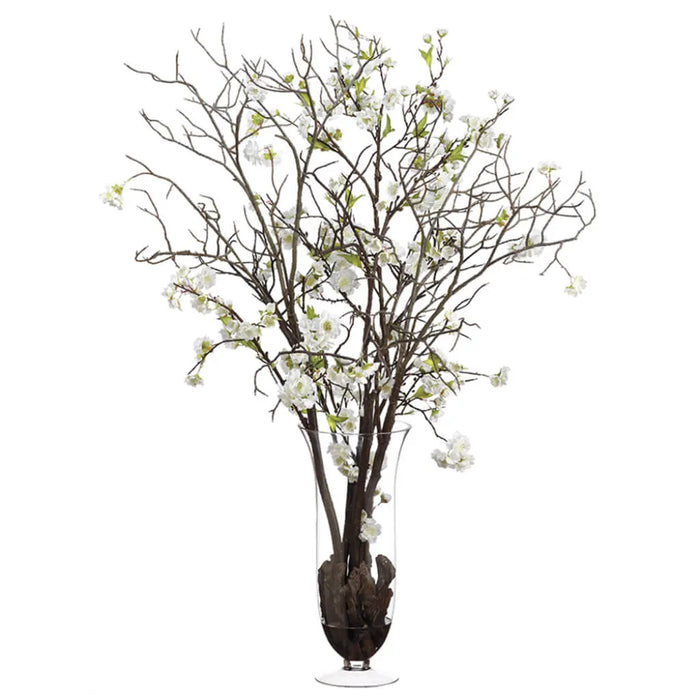 Cherry Blossoms in Glass Vase, 42in H x 30in W x 34in L, White