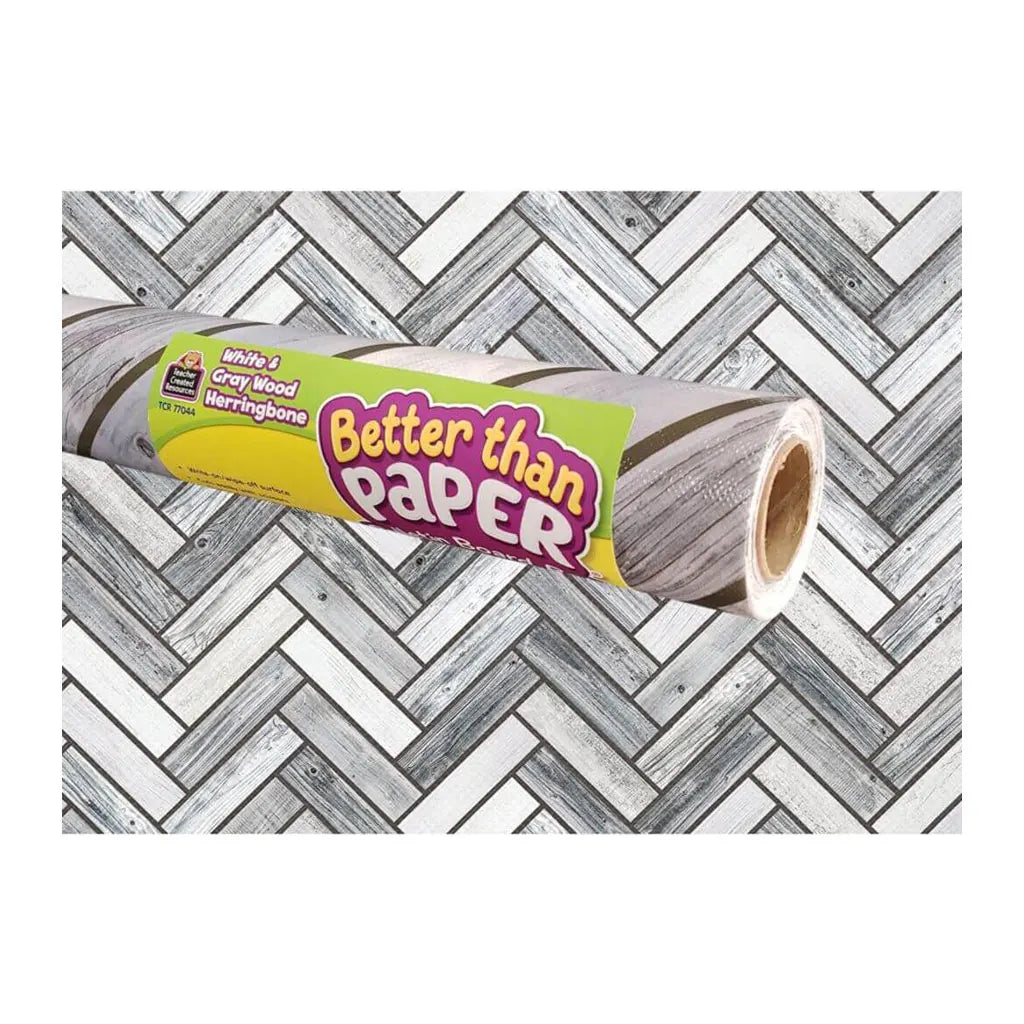 Better Than Paper Bulletin Board Roll 4ft x 12ft White &amp; Gray Wood Herringbone