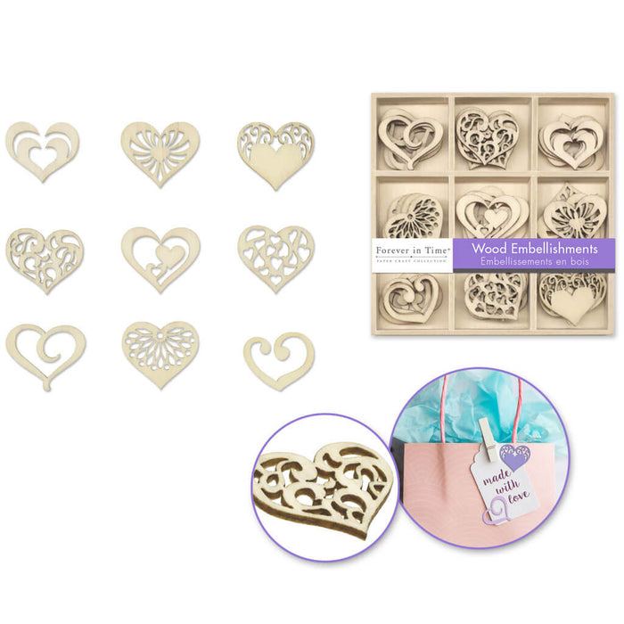 Paper Craft Emb: 45pc Mini Wood Emb in 9-Comp Box B) Hearts