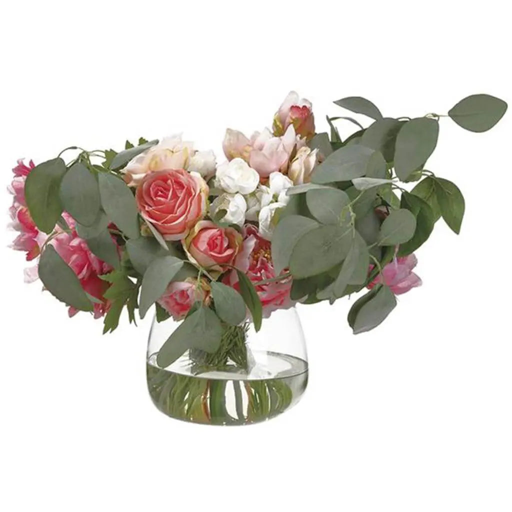 Peony / Rosemary in Glass Vase 15.5in H x 19in W x 23in L, Cerise Pink