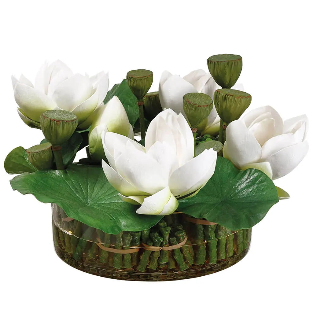 Lotus Flowers in Round Glass Vase 11in H x 18.5in W x 19in L