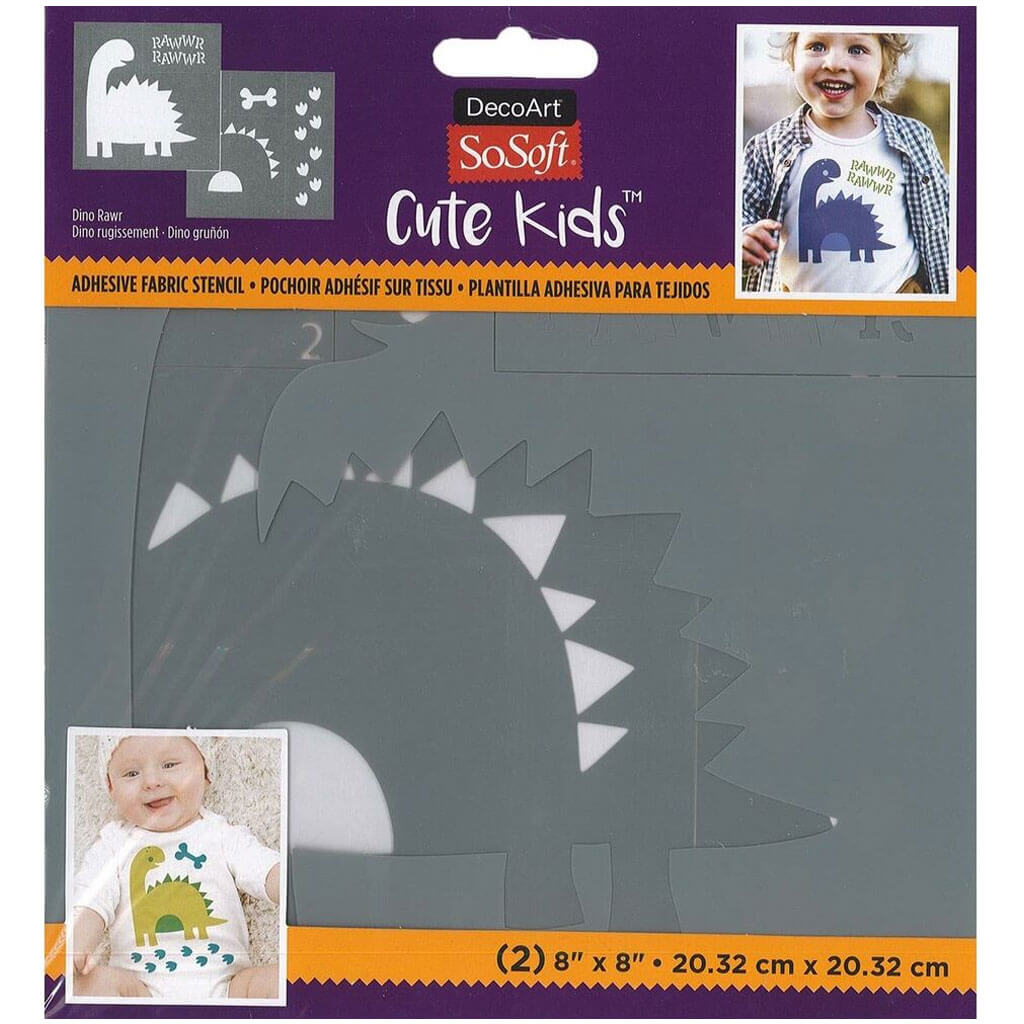 Fabric Stencils Cute Kids 8in x 8in 2pc, Dino Rawr