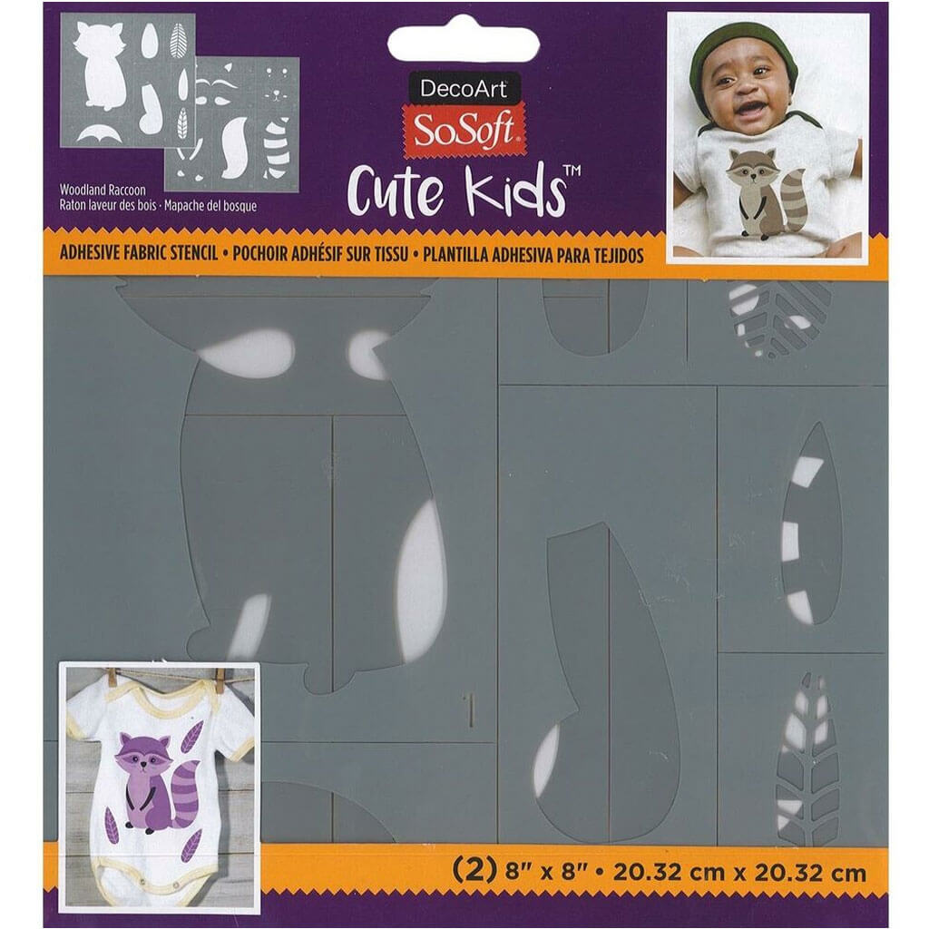 Fabric Stencils Cute Kids 8in x 8in 2pc, Woodland Raccoon