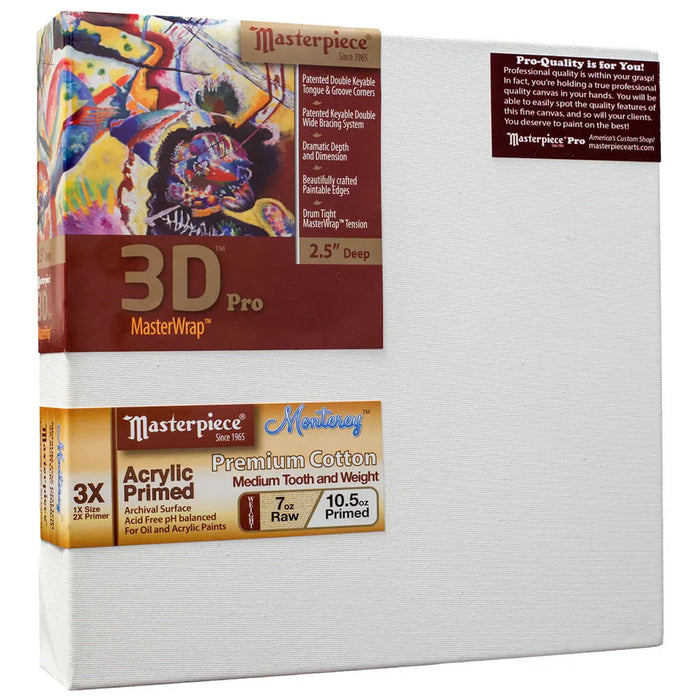 Masterpiece 3D Pro 2.5in Deep, Monterey 3X Acrylic Primed Cotton 7oz, Stretched Canvas 12x12in x in