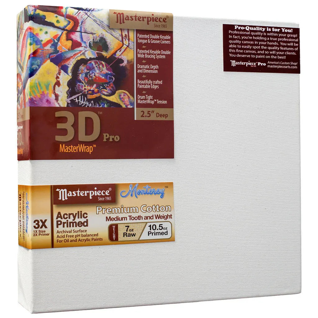 Masterpiece 3D Pro 2.5in Deep, Monterey 3X Acrylic Primed Cotton 7oz, Stretched Canvas 12x12in x in