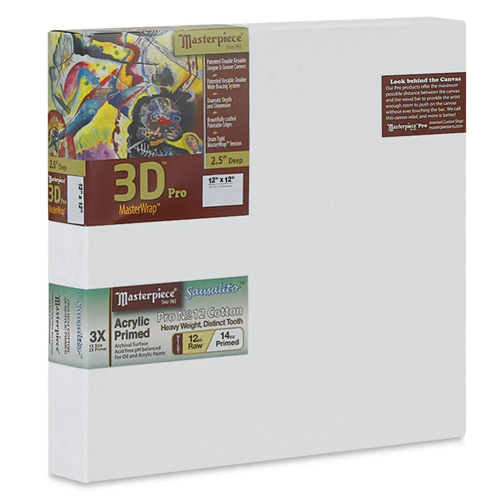 Masterpiece 3D Pro 2.5in Deep, Sausalito  3X Acrylic Primed Cotton 12oz, Stretched Canvas 12in x 12in