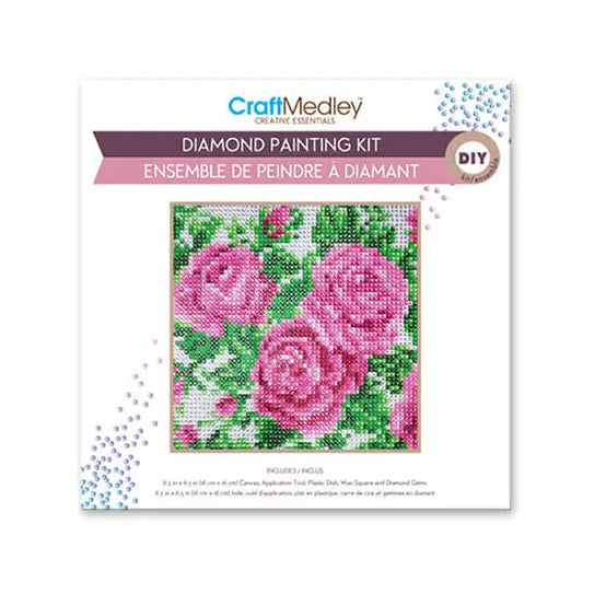 Diamond painting kit packaging with pink roses on a white background