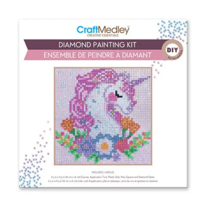 Diamond painting kit packaging with a unicorn design on a white background