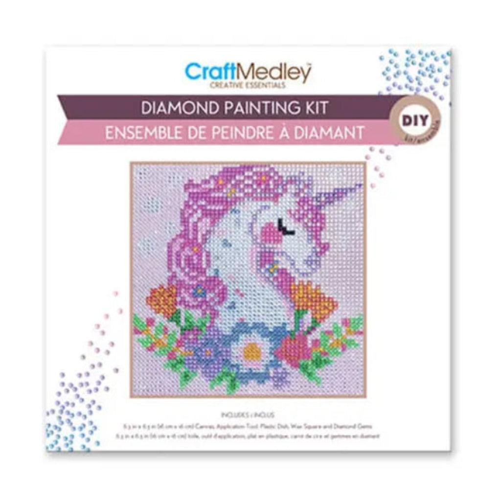 Diamond painting kit packaging with a unicorn design on a white background