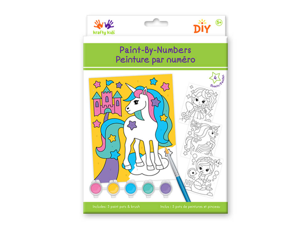 Krafty Kids Kit: 6.7in x 8.5in DIY Paint-By-Number 4pc Asst with 5 PaintPot+Brush, Fantasia