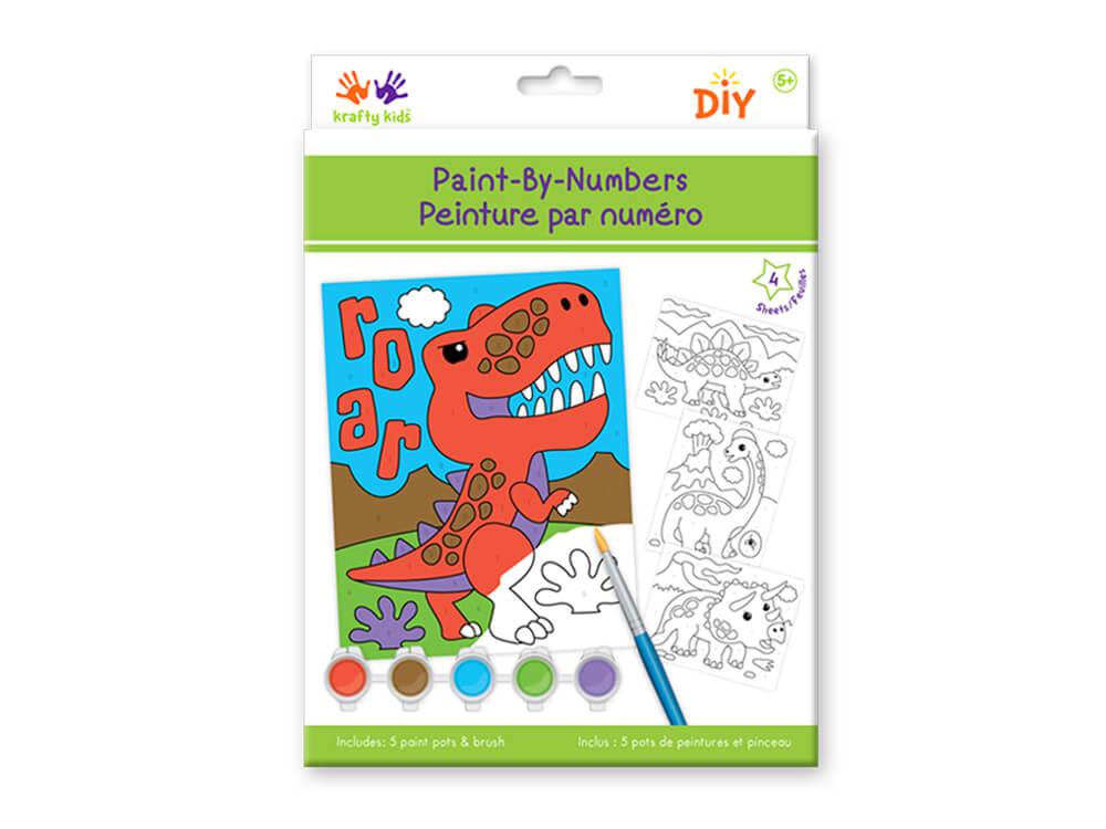 Krafty Kids Kit: 6.7in x 8.5in DIY Paint-By-Number 4pc Asst with 5 PaintPot+Brush, Dino World
