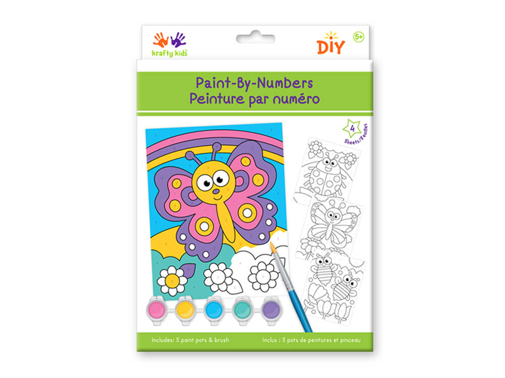 Krafty Kids Kit: 6.7in x 8.5in DIY Paint-By-Number 4pc Asst with 5 PaintPot+Brush, Flying Friends