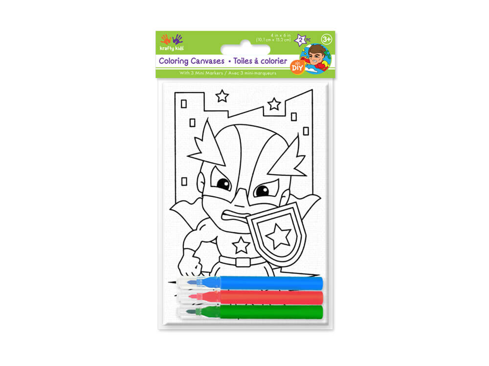 Krafty Kids Kit: 4in x 6in DIY Canvas Coloring 2pc Asst with 3 Mini Markers Superhero