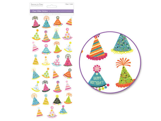 Paper Craft Sticker:Glitter Everyday Themes Clear/Photo Safe  Party Hats, 5in x12in